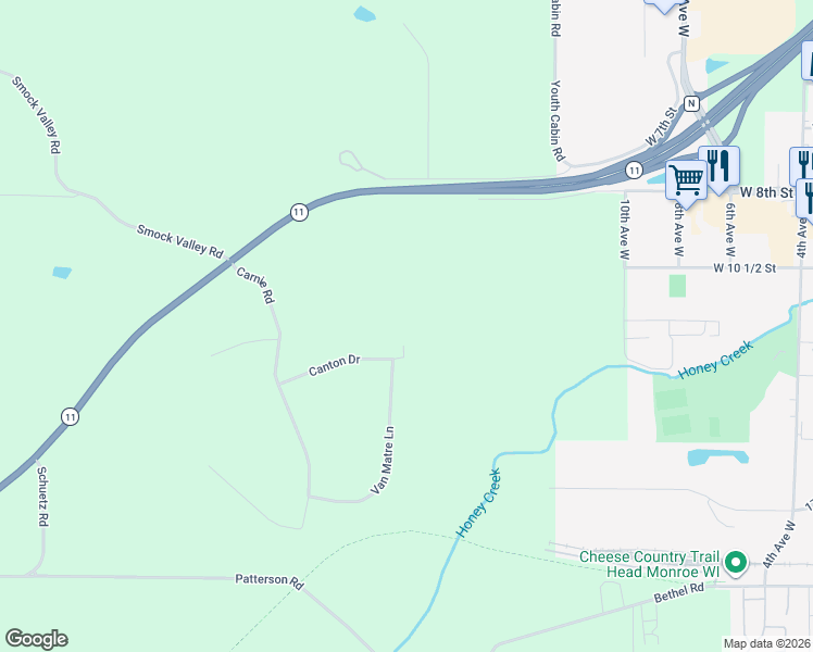 map of restaurants, bars, coffee shops, grocery stores, and more near N2550 Southview Court in Monroe