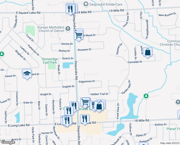 map of restaurants, bars, coffee shops, grocery stores, and more near 2121 Limestone Court in Sterling Heights