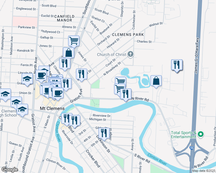 map of restaurants, bars, coffee shops, grocery stores, and more near 34 Park Street in Mount Clemens