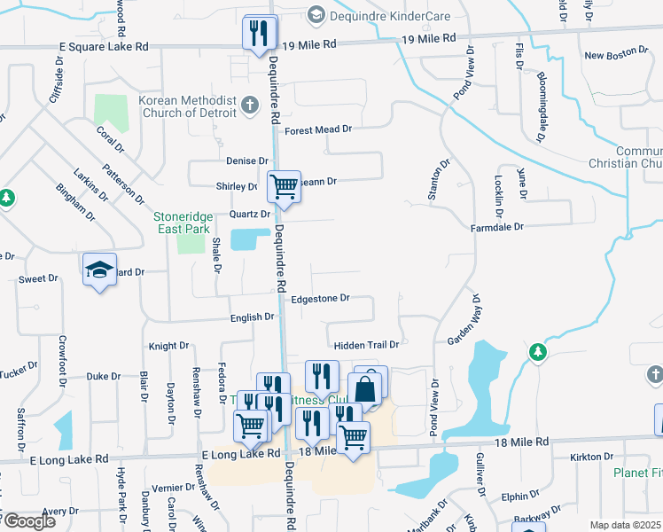 map of restaurants, bars, coffee shops, grocery stores, and more near 2121 Limestone Court in Sterling Heights