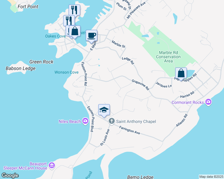map of restaurants, bars, coffee shops, grocery stores, and more near 19 Grapevine Road in Gloucester