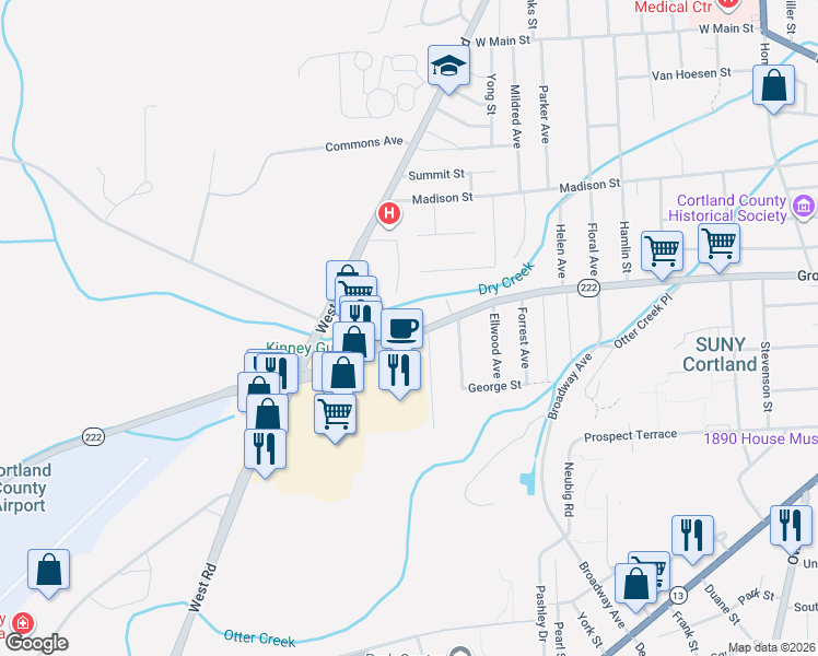 map of restaurants, bars, coffee shops, grocery stores, and more near 214 Groton Ave in Cortland
