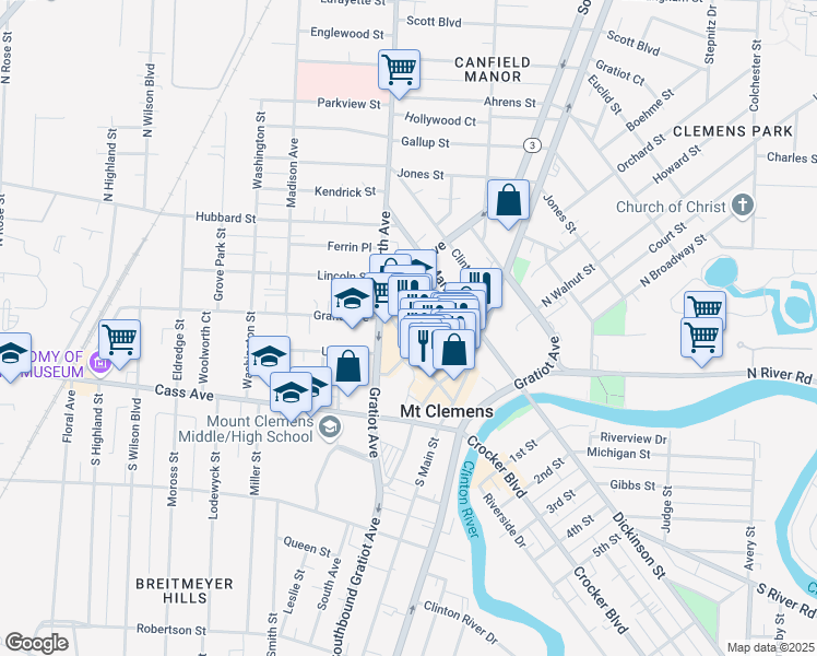 map of restaurants, bars, coffee shops, grocery stores, and more near 112 Macomb Place in Mount Clemens