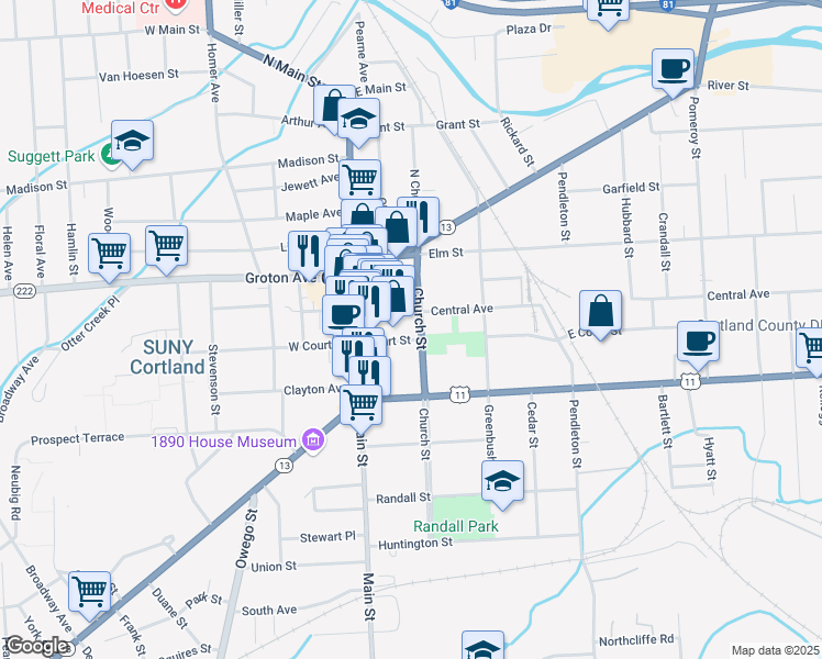 map of restaurants, bars, coffee shops, grocery stores, and more near 32 Church Street in Cortland