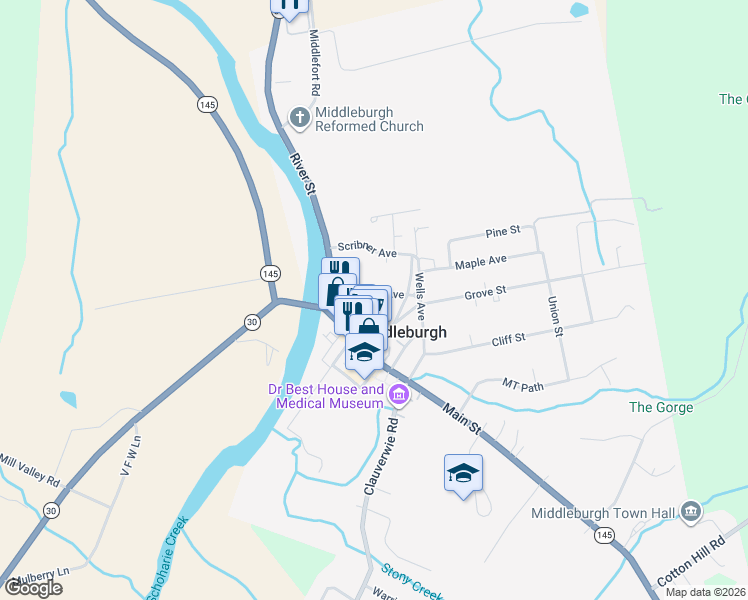 map of restaurants, bars, coffee shops, grocery stores, and more near 121 Danforth Avenue in Middleburgh