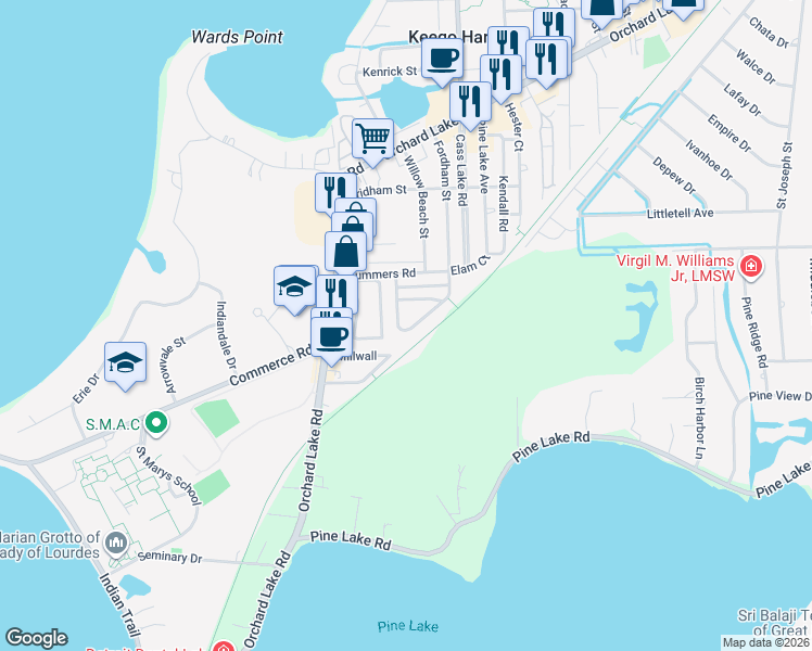 map of restaurants, bars, coffee shops, grocery stores, and more near 2021 Harbor Village Avenue in Keego Harbor
