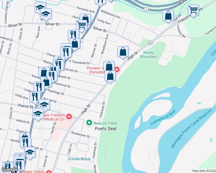 map of restaurants, bars, coffee shops, grocery stores, and more near 265 High Street in Greenfield