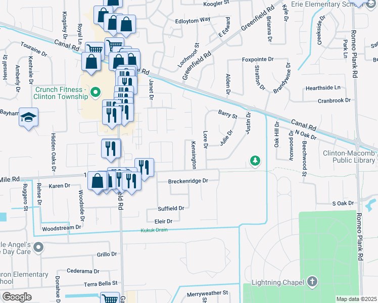 map of restaurants, bars, coffee shops, grocery stores, and more near 17265 Hampshire in Clinton Township