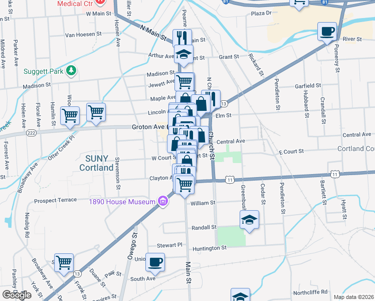 map of restaurants, bars, coffee shops, grocery stores, and more near 38 Main Street in Cortland