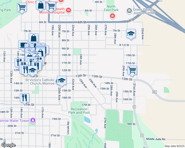 map of restaurants, bars, coffee shops, grocery stores, and more near 2508 12th Street in Monroe