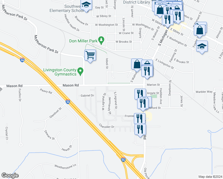 map of restaurants, bars, coffee shops, grocery stores, and more near 137 East Legrand Street in Howell