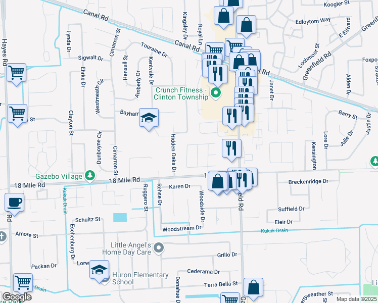map of restaurants, bars, coffee shops, grocery stores, and more near 16485 Dawn Drive in Clinton Township