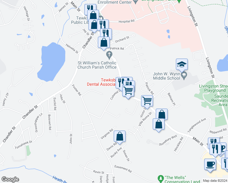 map of restaurants, bars, coffee shops, grocery stores, and more near 19 Colonial Drive in Tewksbury