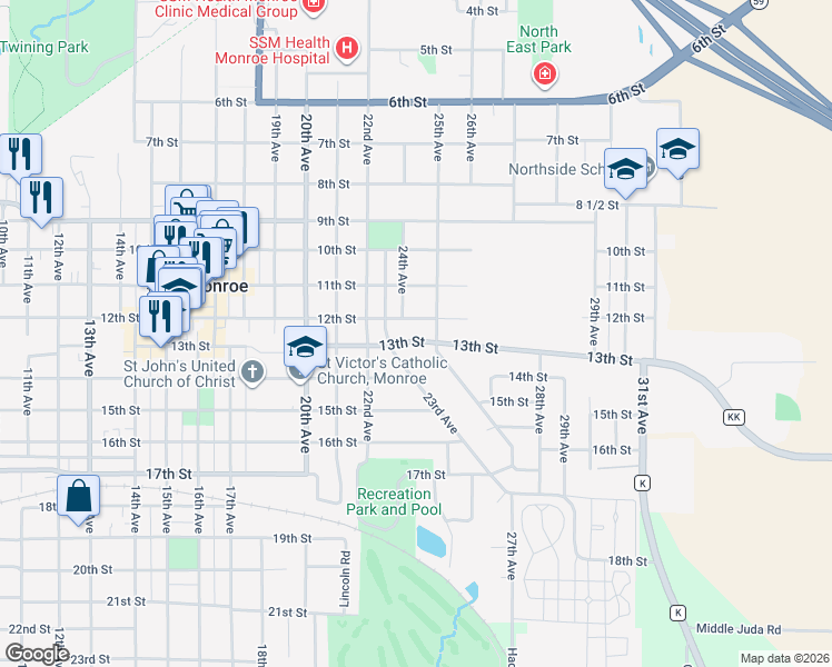 map of restaurants, bars, coffee shops, grocery stores, and more near 2404 12th Street in Monroe