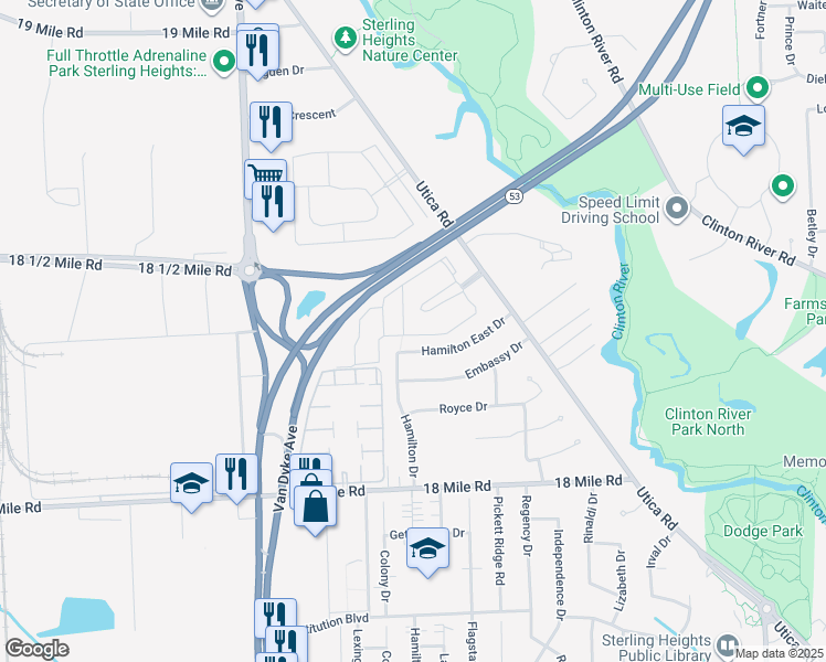 map of restaurants, bars, coffee shops, grocery stores, and more near 8687 Winchester Drive in Sterling Heights