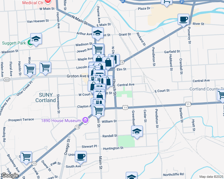 map of restaurants, bars, coffee shops, grocery stores, and more near 32 Church Street in Cortland