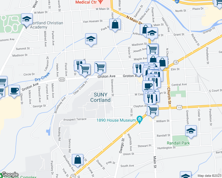 map of restaurants, bars, coffee shops, grocery stores, and more near 15 Stevenson Street in Cortland