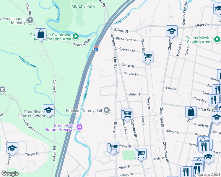 map of restaurants, bars, coffee shops, grocery stores, and more near 14 Frederick Road in Greenfield