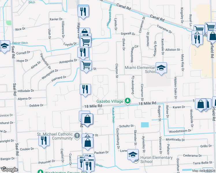 map of restaurants, bars, coffee shops, grocery stores, and more near 41434 Greenspire Drive in Clinton Township