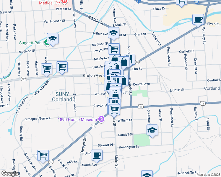 map of restaurants, bars, coffee shops, grocery stores, and more near 38 Main Street in Cortland