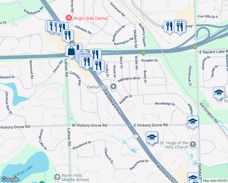 map of restaurants, bars, coffee shops, grocery stores, and more near 2731 Colby Drive in Bloomfield Hills