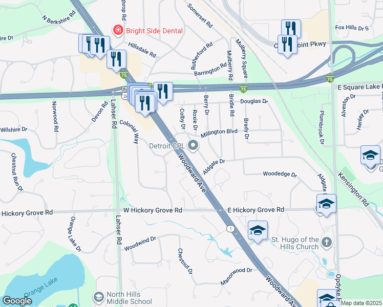 map of restaurants, bars, coffee shops, grocery stores, and more near 2731 Colby Drive in Bloomfield Hills