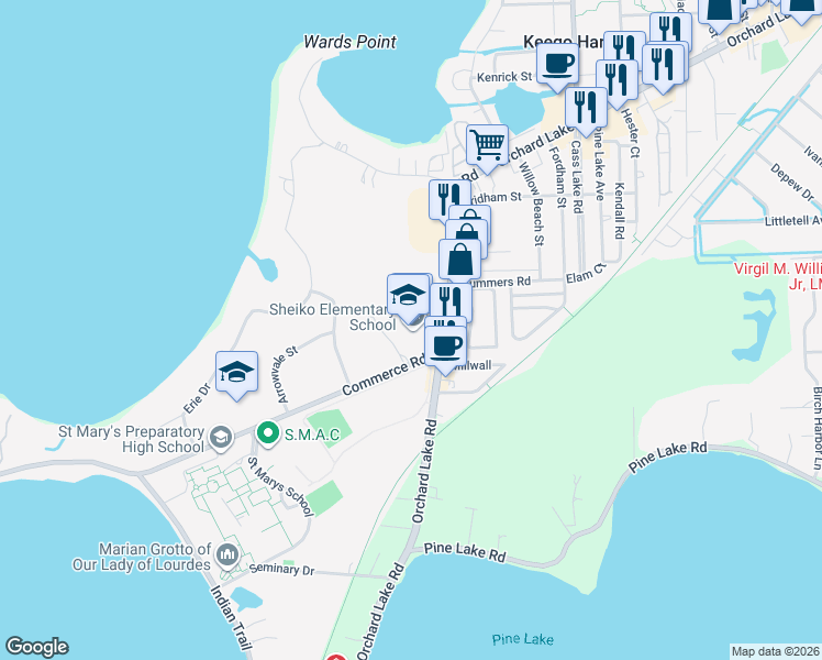 map of restaurants, bars, coffee shops, grocery stores, and more near 3380 Orchard Lake Road in West Bloomfield Township