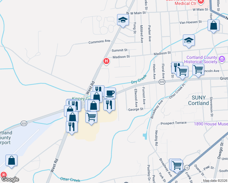 map of restaurants, bars, coffee shops, grocery stores, and more near 214 Groton Ave in Cortland