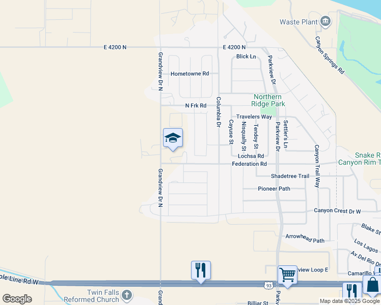 map of restaurants, bars, coffee shops, grocery stores, and more near 2143 Caribel Street in Twin Falls