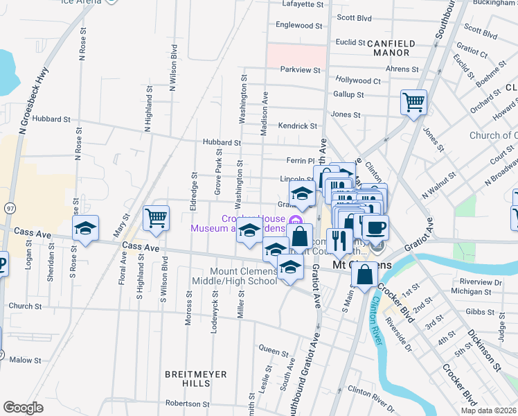 map of restaurants, bars, coffee shops, grocery stores, and more near 61 Grand Avenue in Mount Clemens