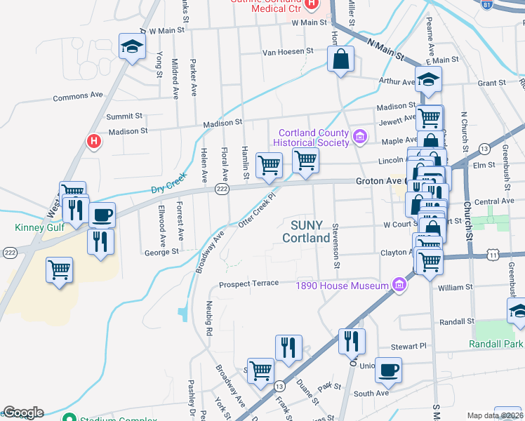 map of restaurants, bars, coffee shops, grocery stores, and more near 20 Otter Creek Place in Cortland