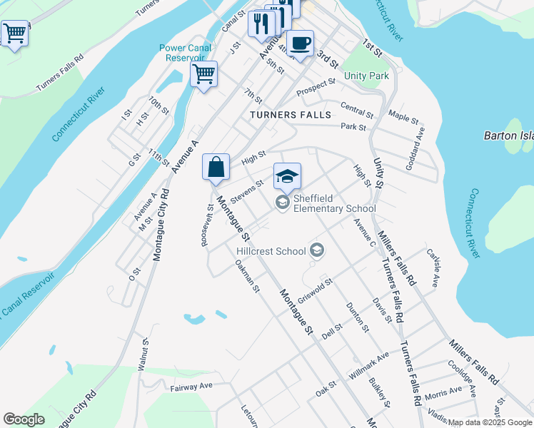 map of restaurants, bars, coffee shops, grocery stores, and more near 43 Crocker Avenue in Montague
