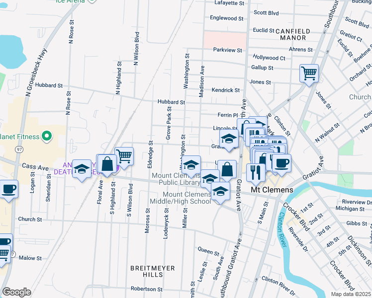 map of restaurants, bars, coffee shops, grocery stores, and more near 93 Grand Avenue in Mount Clemens