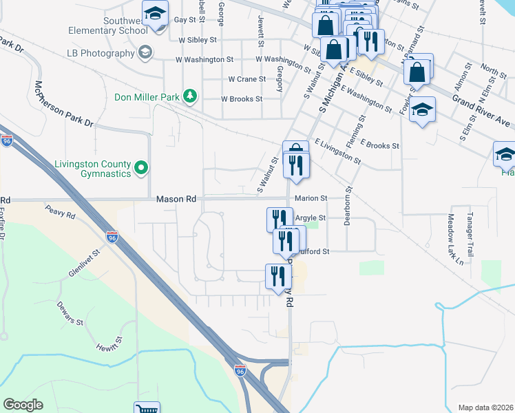 map of restaurants, bars, coffee shops, grocery stores, and more near 205 Mason Road in Howell