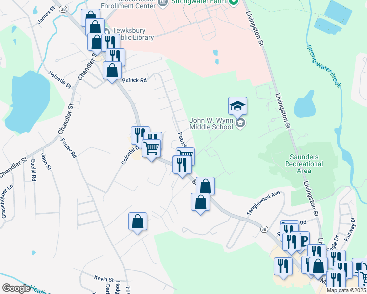 map of restaurants, bars, coffee shops, grocery stores, and more near 201 Patrick Road in Tewksbury