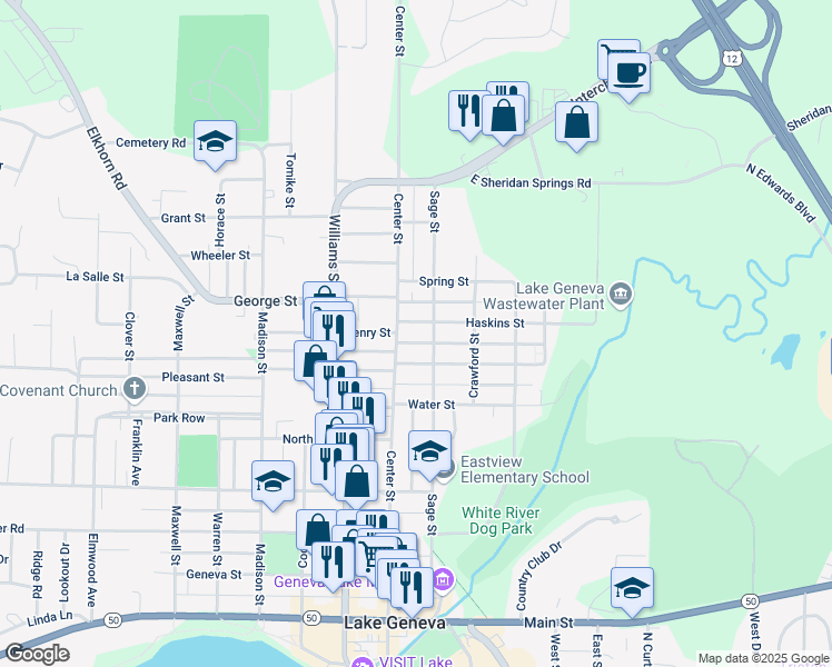 map of restaurants, bars, coffee shops, grocery stores, and more near 614 Haskins Street in Lake Geneva