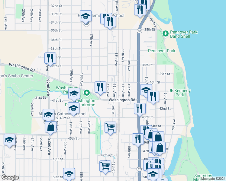 map of restaurants, bars, coffee shops, grocery stores, and more near 4026 13th Avenue in Kenosha