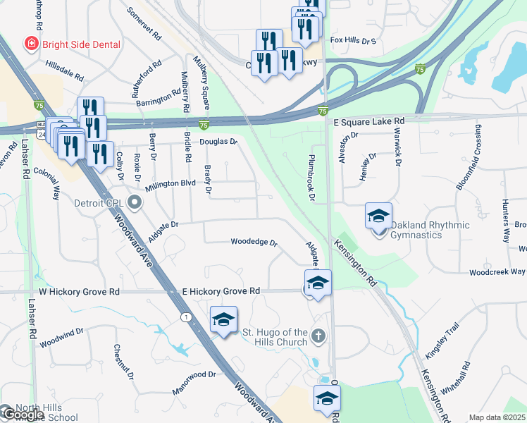 map of restaurants, bars, coffee shops, grocery stores, and more near 2769 Aldgate Drive in Bloomfield Hills