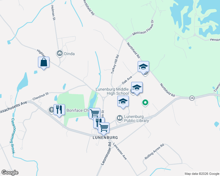 map of restaurants, bars, coffee shops, grocery stores, and more near 27 Oak Avenue in Lunenburg