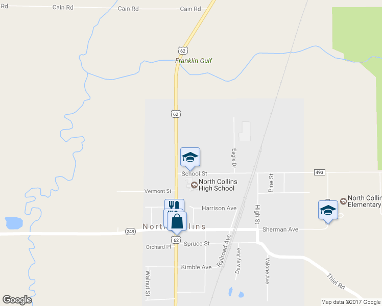 map of restaurants, bars, coffee shops, grocery stores, and more near 10345 Main Street in North Collins