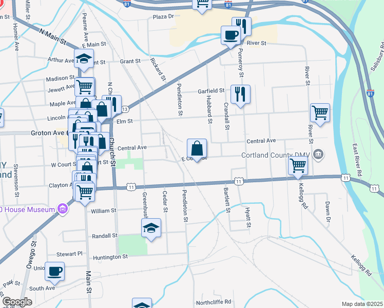 map of restaurants, bars, coffee shops, grocery stores, and more near 58 East Court Street in Cortland