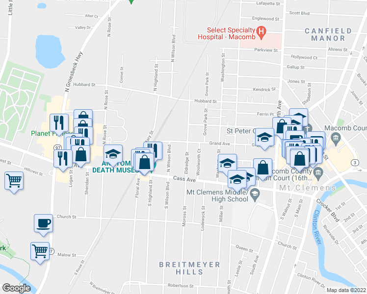 map of restaurants, bars, coffee shops, grocery stores, and more near 147 Grand Avenue in Mount Clemens