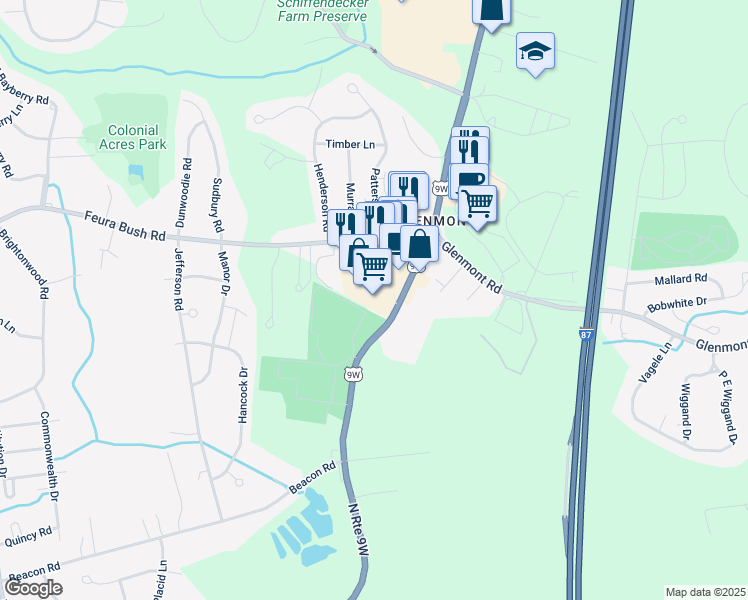 map of restaurants, bars, coffee shops, grocery stores, and more near 388 Feura Bush Road in Glenmont