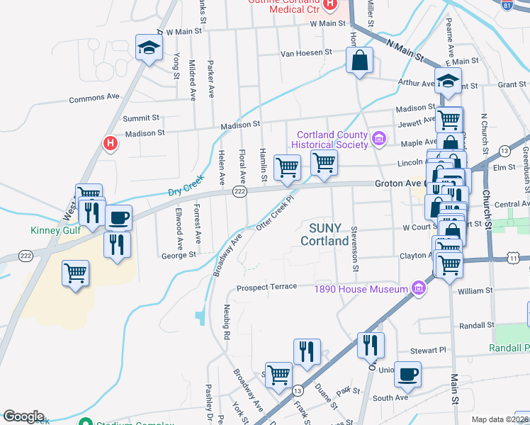 map of restaurants, bars, coffee shops, grocery stores, and more near 19 Otter Creek Place in Cortland