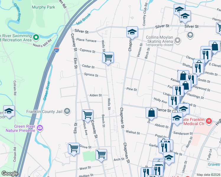 map of restaurants, bars, coffee shops, grocery stores, and more near 275 Wells Street in Greenfield