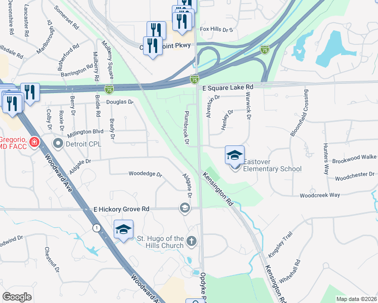 map of restaurants, bars, coffee shops, grocery stores, and more near 2786 Plumbrook Drive in Bloomfield Hills