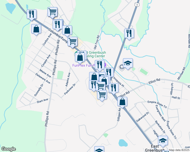 map of restaurants, bars, coffee shops, grocery stores, and more near 576-590 U.S. 20 in East Greenbush