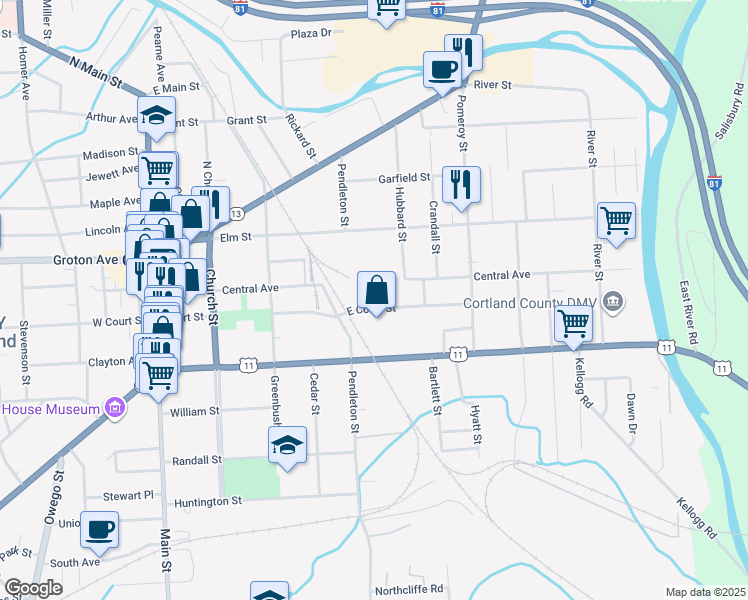 map of restaurants, bars, coffee shops, grocery stores, and more near 58 E Court St in Cortland