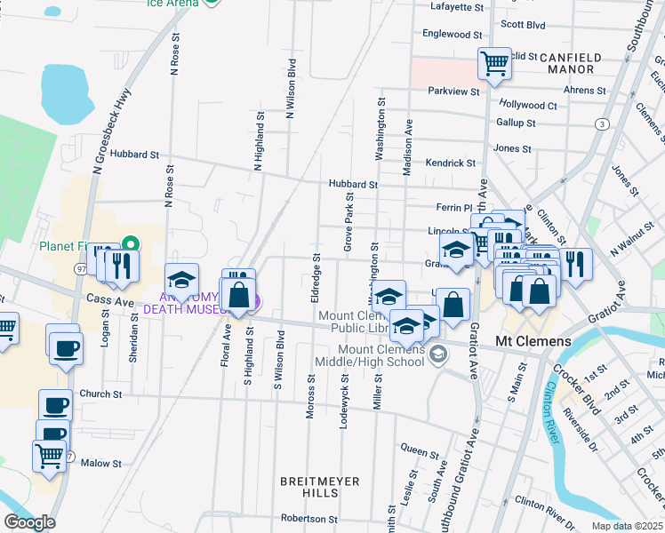map of restaurants, bars, coffee shops, grocery stores, and more near 119 Grand Avenue in Mount Clemens