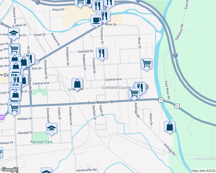 map of restaurants, bars, coffee shops, grocery stores, and more near 70 Pomeroy Street in Cortland